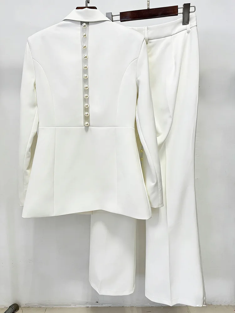 HIGH STREET Newest 2026 Designer Runway Suit Set Women's Pearls Beaded Gauze Patchwork Slim Fitting Blazer Pants Set