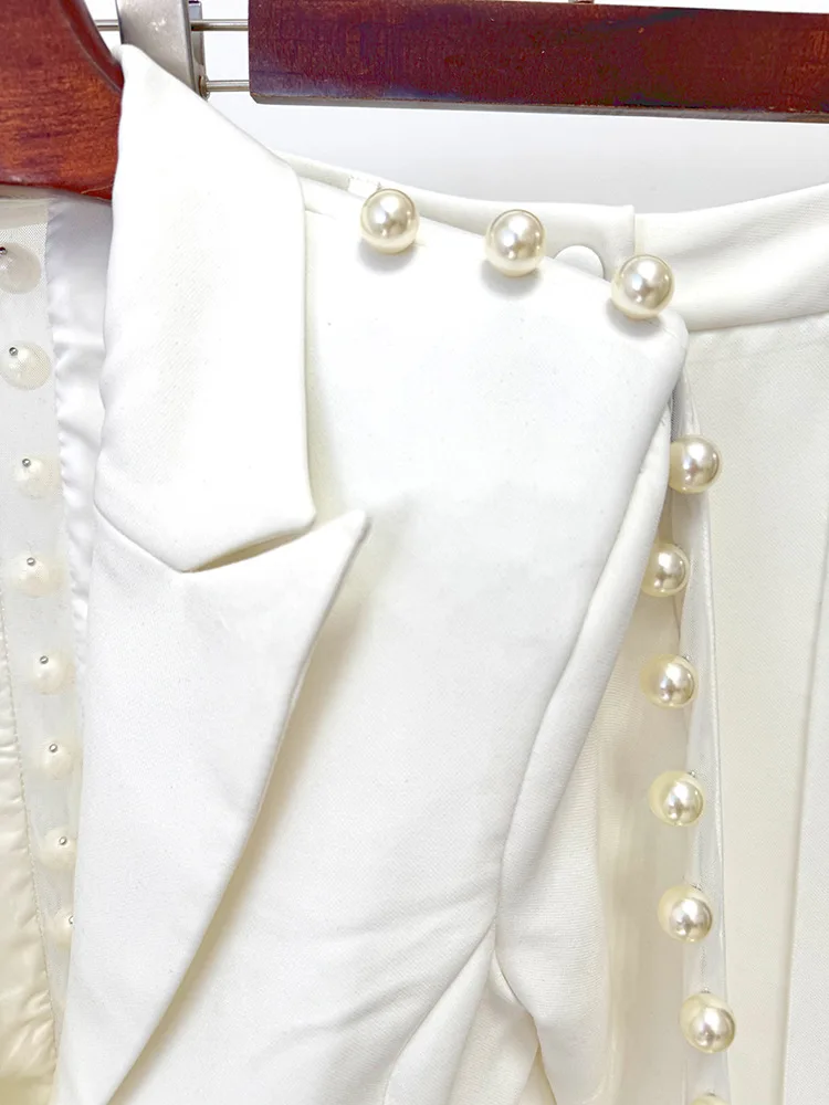 HIGH STREET Newest 2026 Designer Runway Suit Set Women's Pearls Beaded Gauze Patchwork Slim Fitting Blazer Pants Set