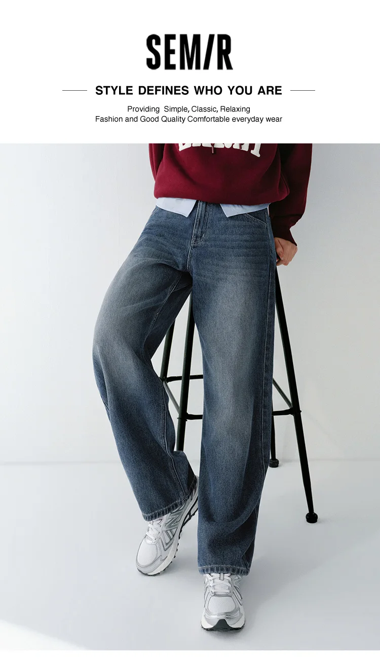 Semir Vintage Jeans Women 2026 Spring Distressed Loose Curved Blade Lyocell Blend Casual Retro Long Trousers