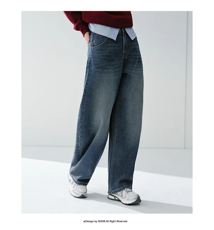 Semir Vintage Jeans Women 2026 Spring Distressed Loose Curved Blade Lyocell Blend Casual Retro Long Trousers
