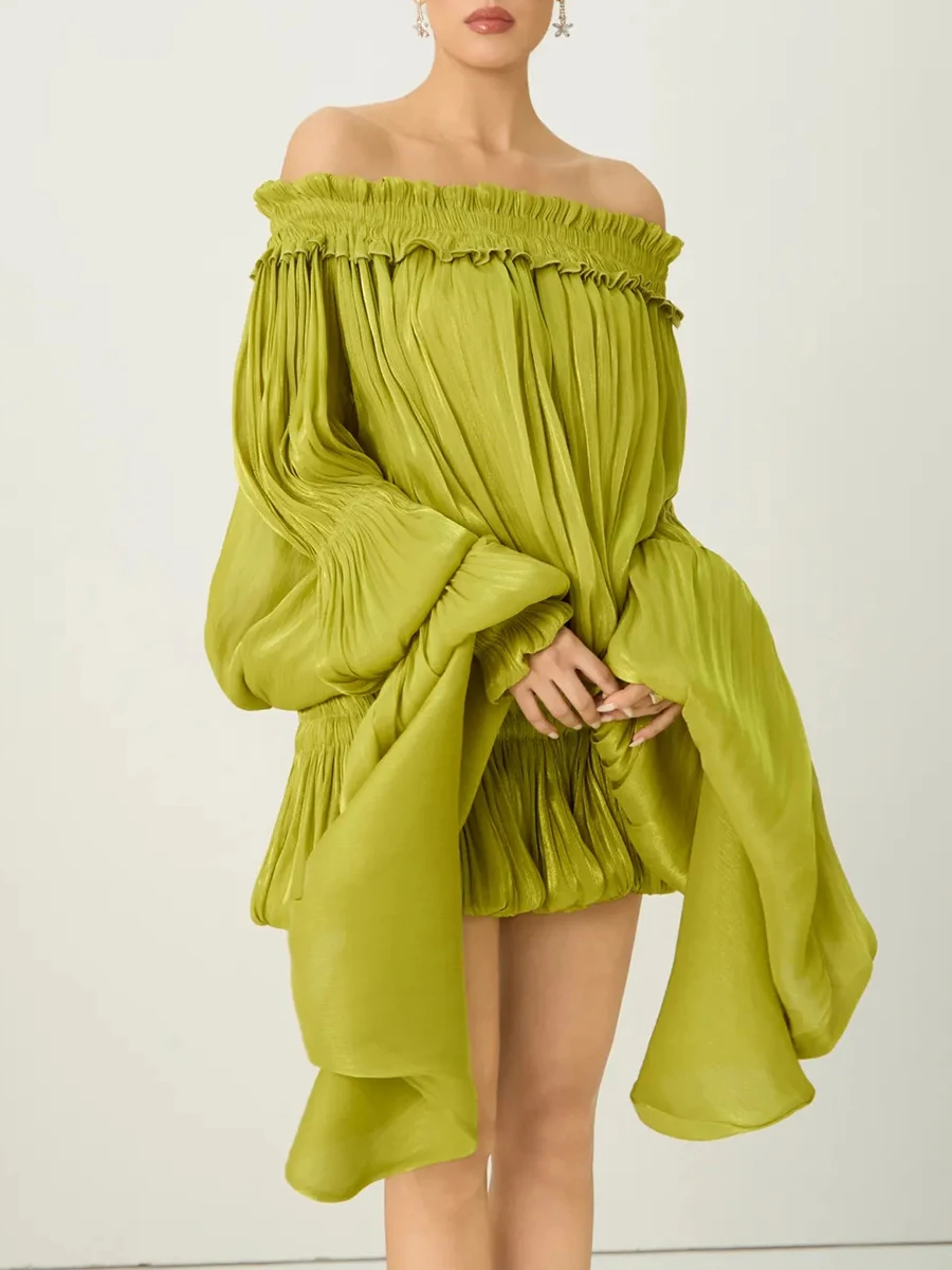 TWOTWINSTYLE Solid Loose Spliced Folds Dress for Women Slash Neck Long Sleeve Luxury Irregular Dresses Female Summer Fashion New
