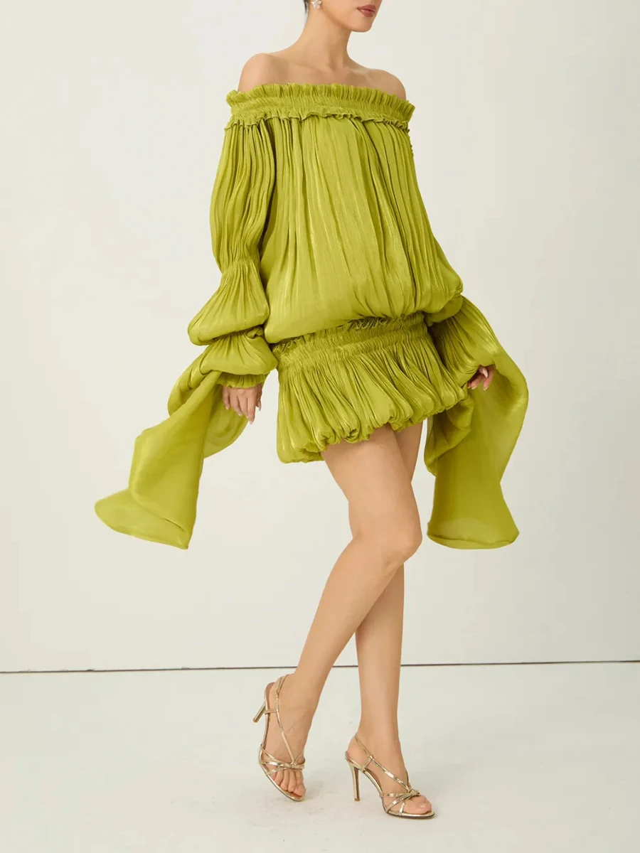 TWOTWINSTYLE Solid Loose Spliced Folds Dress for Women Slash Neck Long Sleeve Luxury Irregular Dresses Female Summer Fashion New