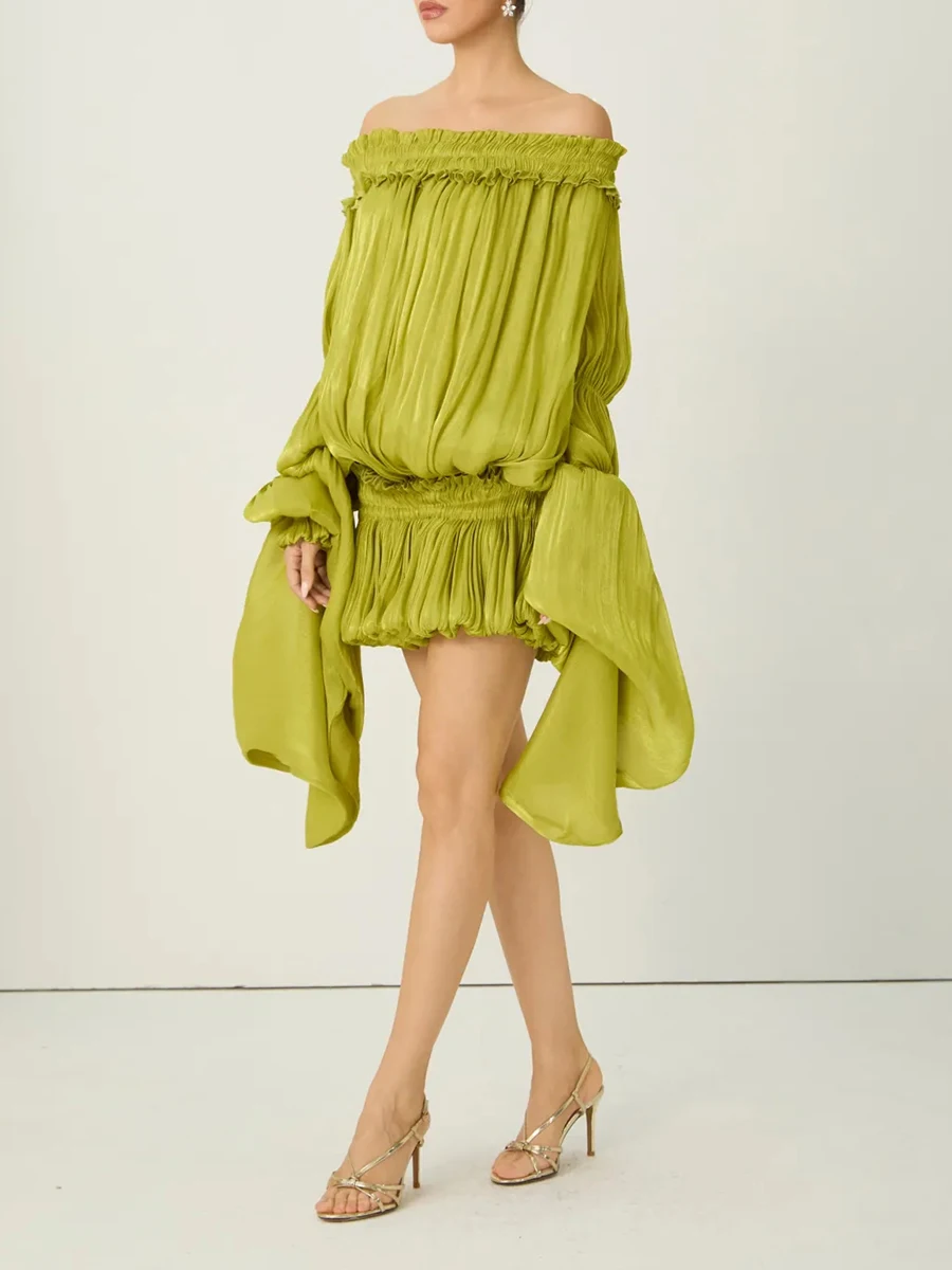 TWOTWINSTYLE Solid Loose Spliced Folds Dress for Women Slash Neck Long Sleeve Luxury Irregular Dresses Female Summer Fashion New