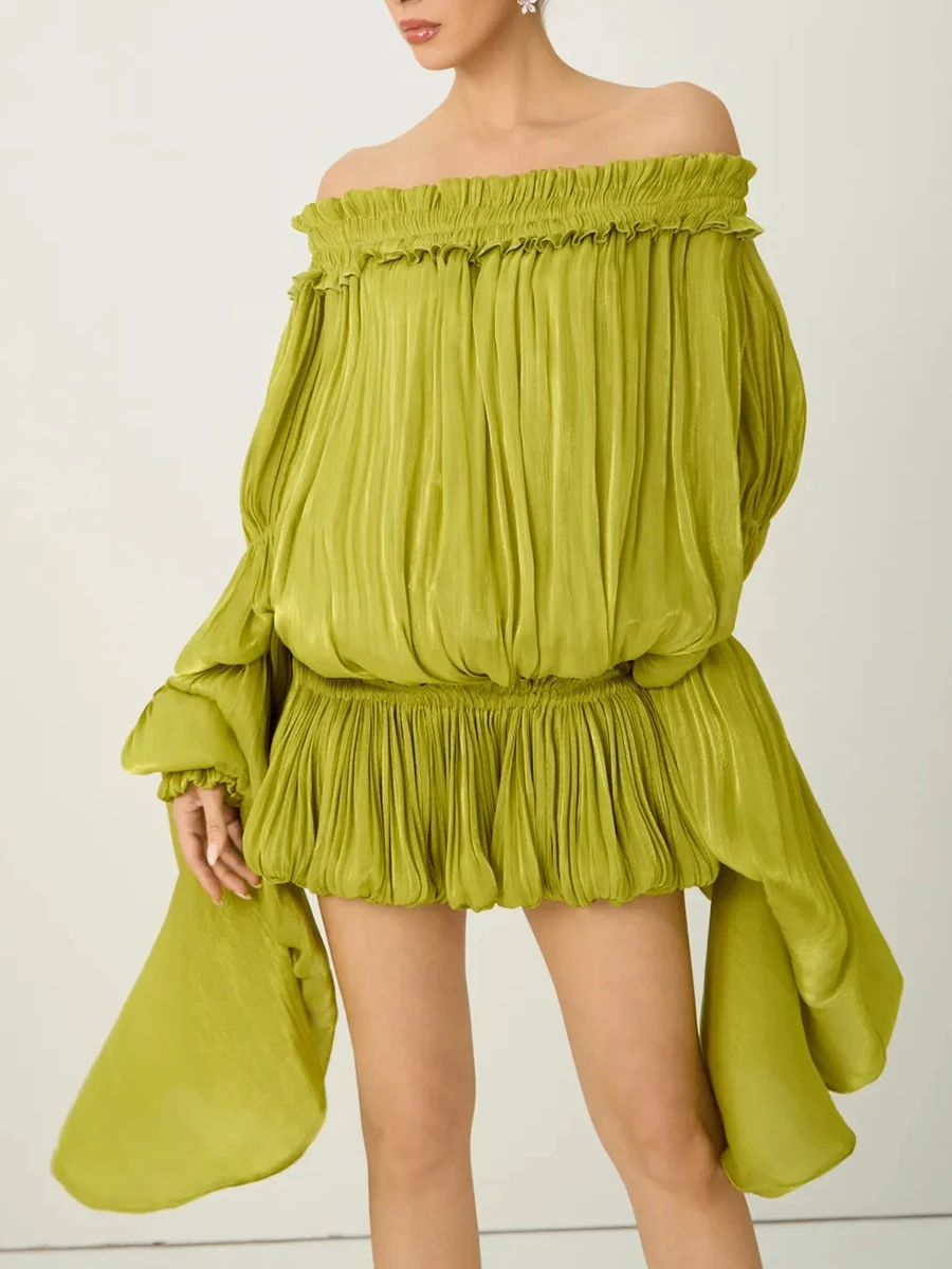 TWOTWINSTYLE Solid Loose Spliced Folds Dress for Women Slash Neck Long Sleeve Luxury Irregular Dresses Female Summer Fashion New