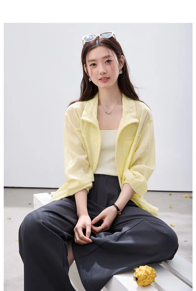 VIMLY Women's Minimalist Sun Protection Jacket 2026 Spring New Fashion Casual Yellow Mock Neck Loose Office Wear for Women A5179