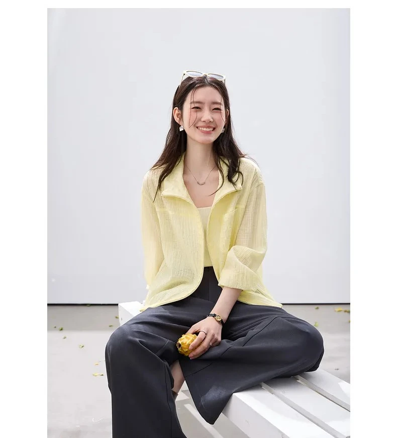 VIMLY Women's Minimalist Sun Protection Jacket 2026 Spring New Fashion Casual Yellow Mock Neck Loose Office Wear for Women A5179