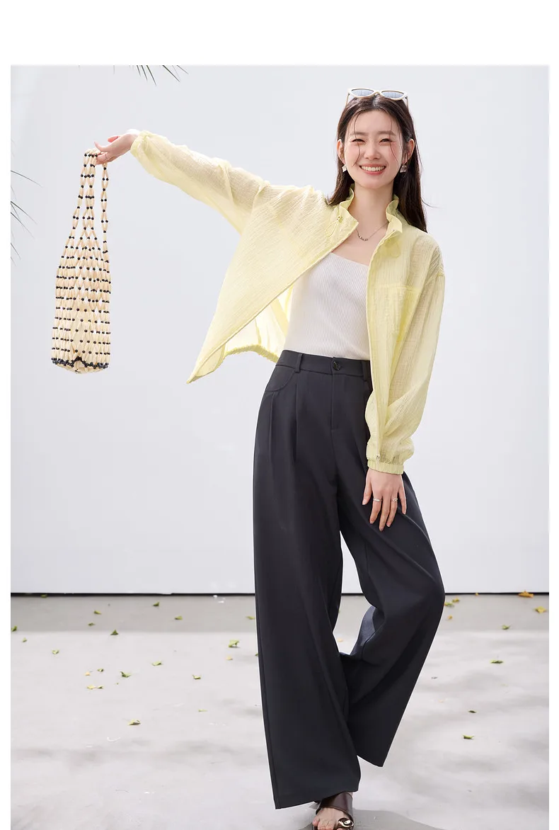 VIMLY Women's Minimalist Sun Protection Jacket 2026 Spring New Fashion Casual Yellow Mock Neck Loose Office Wear for Women A5179