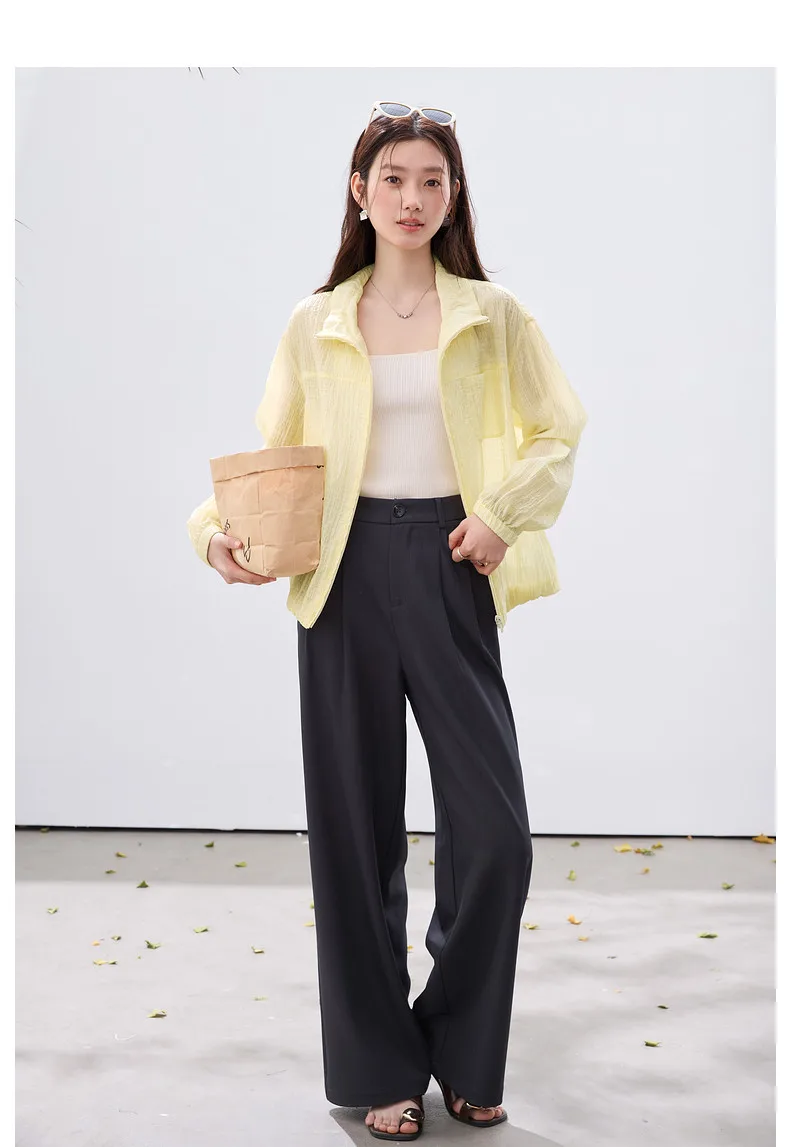 VIMLY Women's Minimalist Sun Protection Jacket 2026 Spring New Fashion Casual Yellow Mock Neck Loose Office Wear for Women A5179