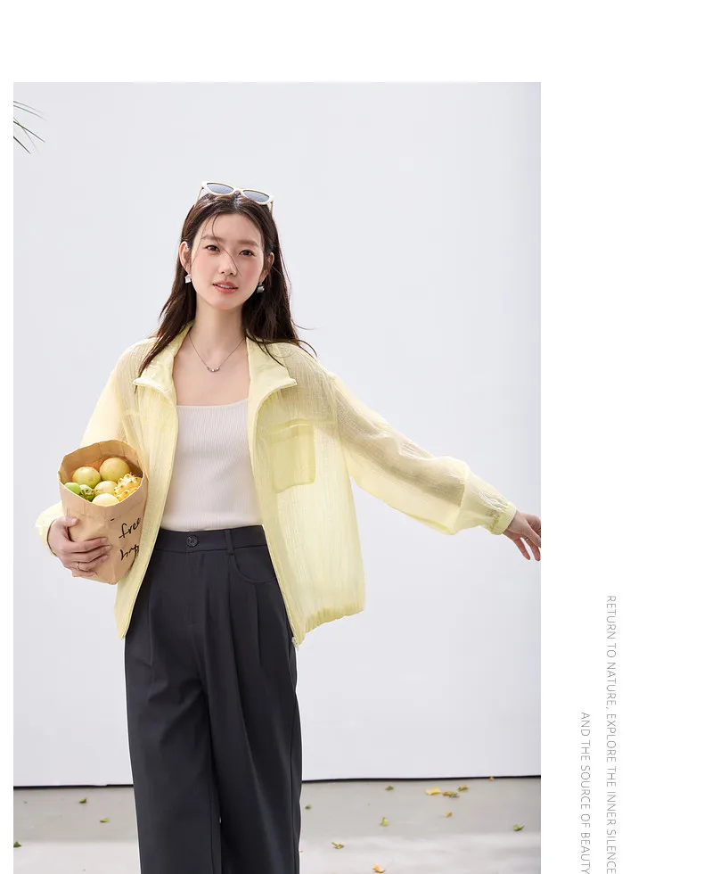 VIMLY Women's Minimalist Sun Protection Jacket 2026 Spring New Fashion Casual Yellow Mock Neck Loose Office Wear for Women A5179