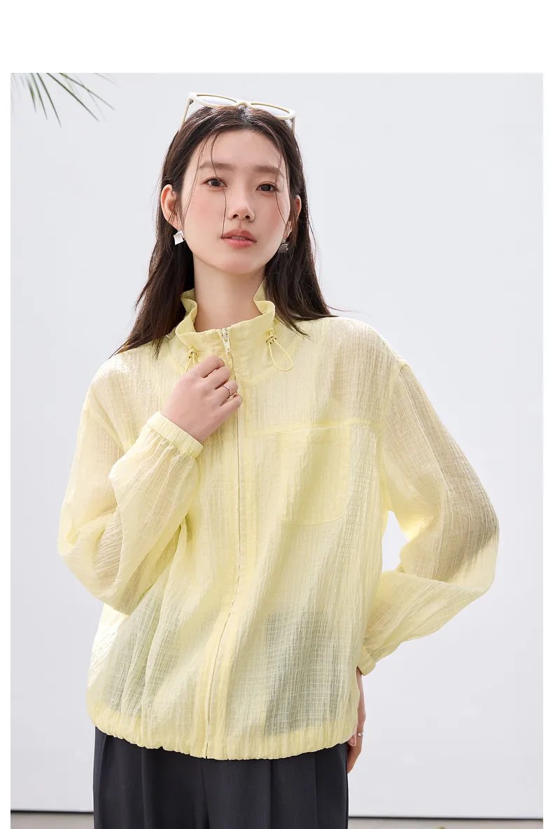 VIMLY Women's Minimalist Sun Protection Jacket 2026 Spring New Fashion Casual Yellow Mock Neck Loose Office Wear for Women A5179