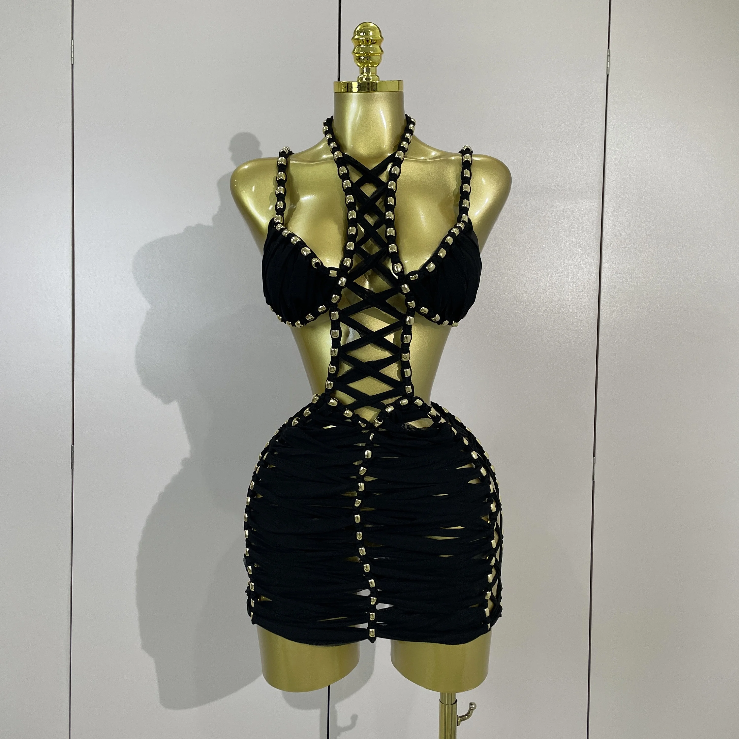 Sexy Black Halter Neck Perspective Hollow Mini Dresses 2026 Women Summer Backless Nightclub Party Evening Club Performance Dress