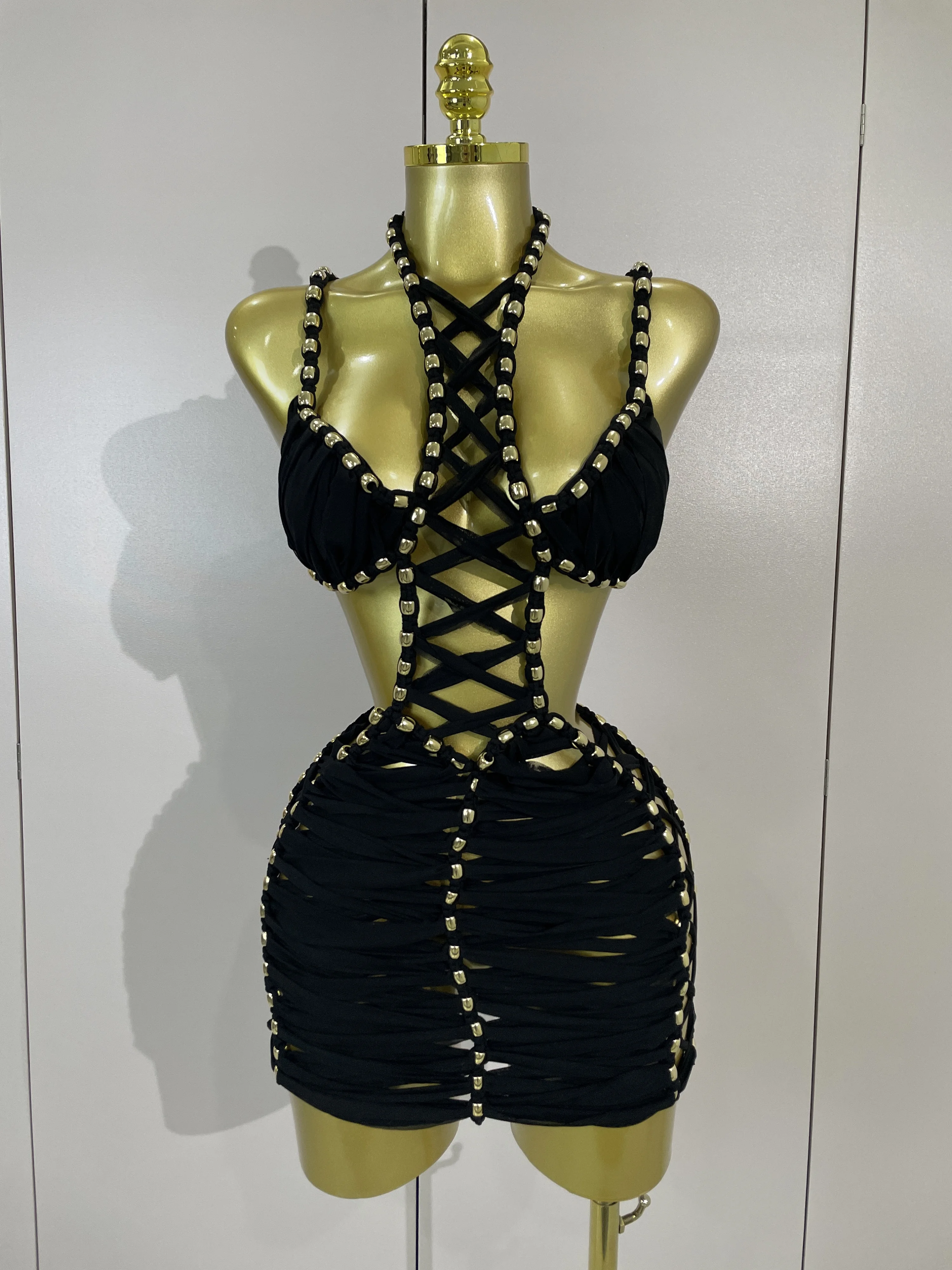 Sexy Black Halter Neck Perspective Hollow Mini Dresses 2026 Women Summer Backless Nightclub Party Evening Club Performance Dress