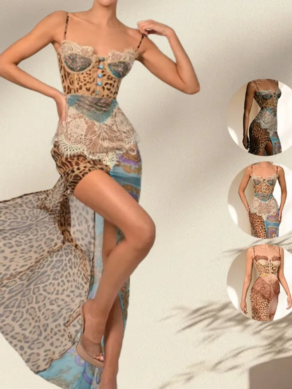 New Summer Leopard Print Lace Split Sexy Maxi Dress Women Gown Elegant Patchwork Chiffon Sleeveless Backless Beach Evening Dress
