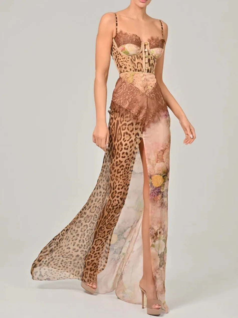 New Summer Leopard Print Lace Split Sexy Maxi Dress Women Gown Elegant Patchwork Chiffon Sleeveless Backless Beach Evening Dress