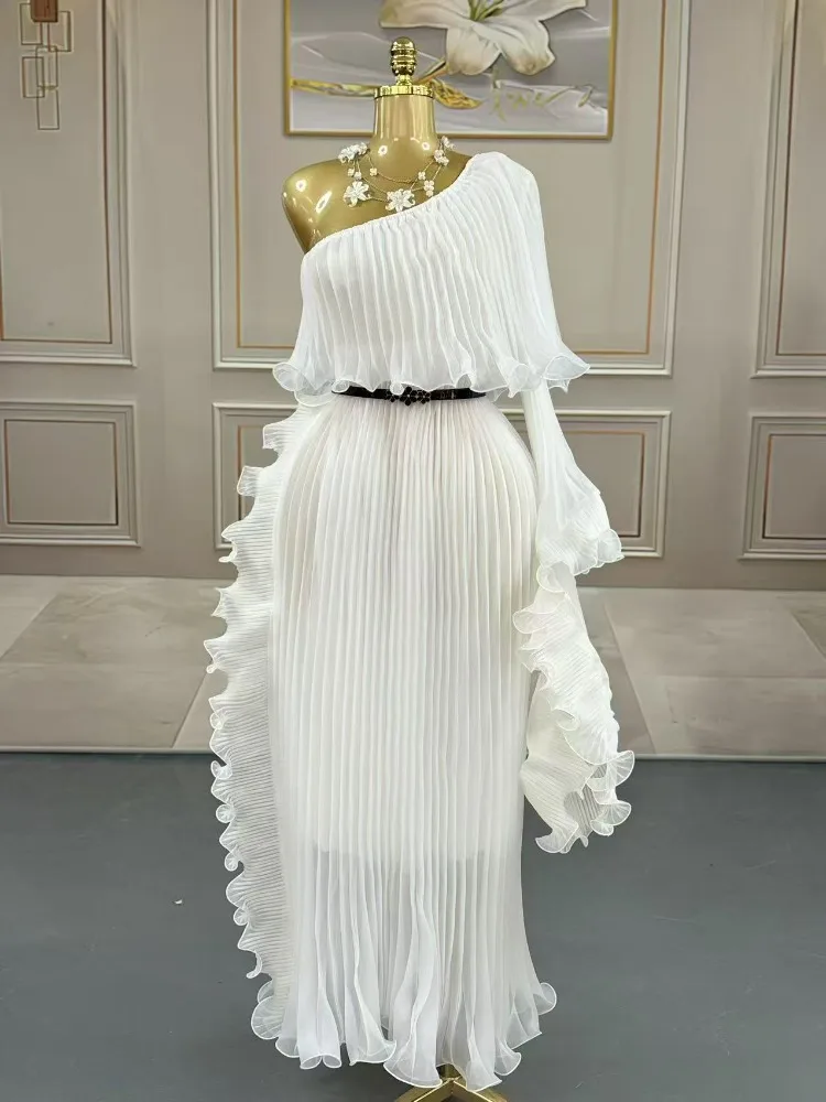 Miyake Fashion Design Dress Slanted Shoulder Solid Color Loose Women's Clothing Medium Length Elegant Dresses 2025 Summer New