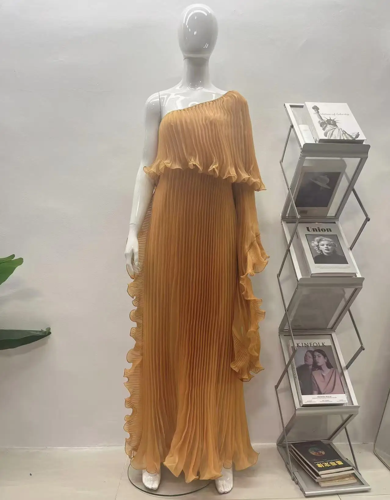 Miyake Fashion Design Dress Slanted Shoulder Solid Color Loose Women's Clothing Medium Length Elegant Dresses 2025 Summer New