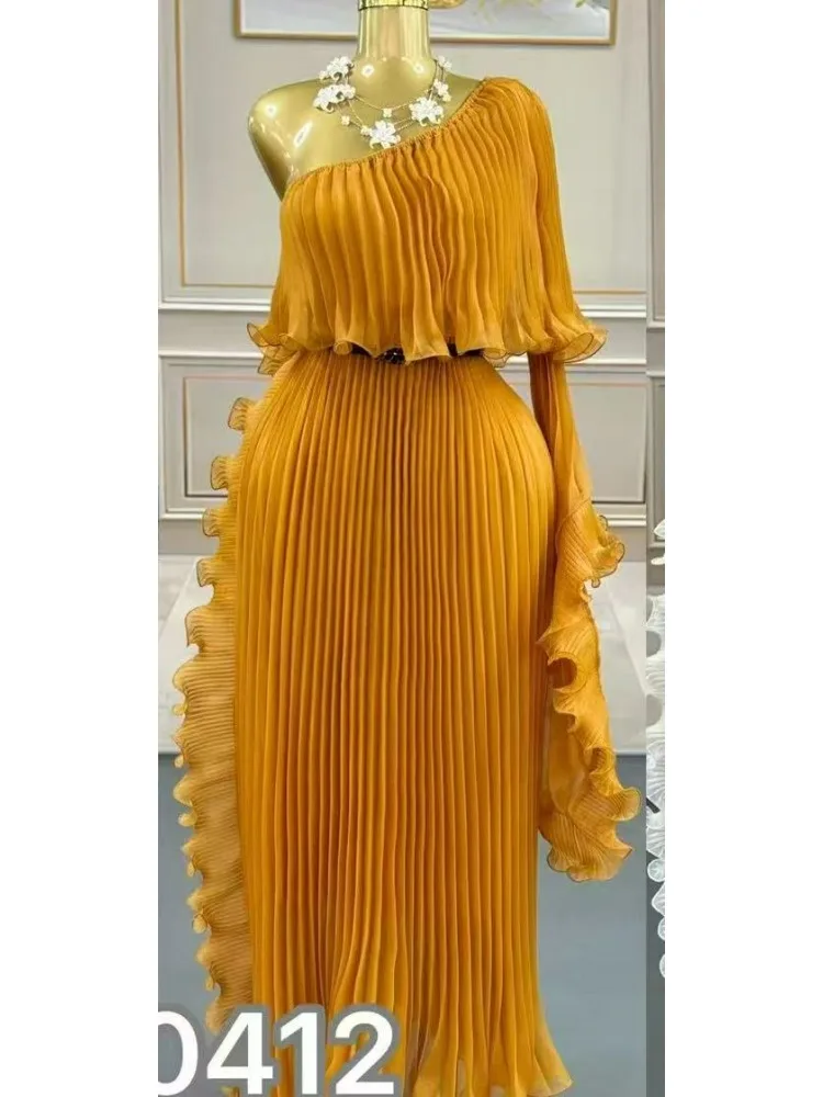 Miyake Fashion Design Dress Slanted Shoulder Solid Color Loose Women's Clothing Medium Length Elegant Dresses 2025 Summer New