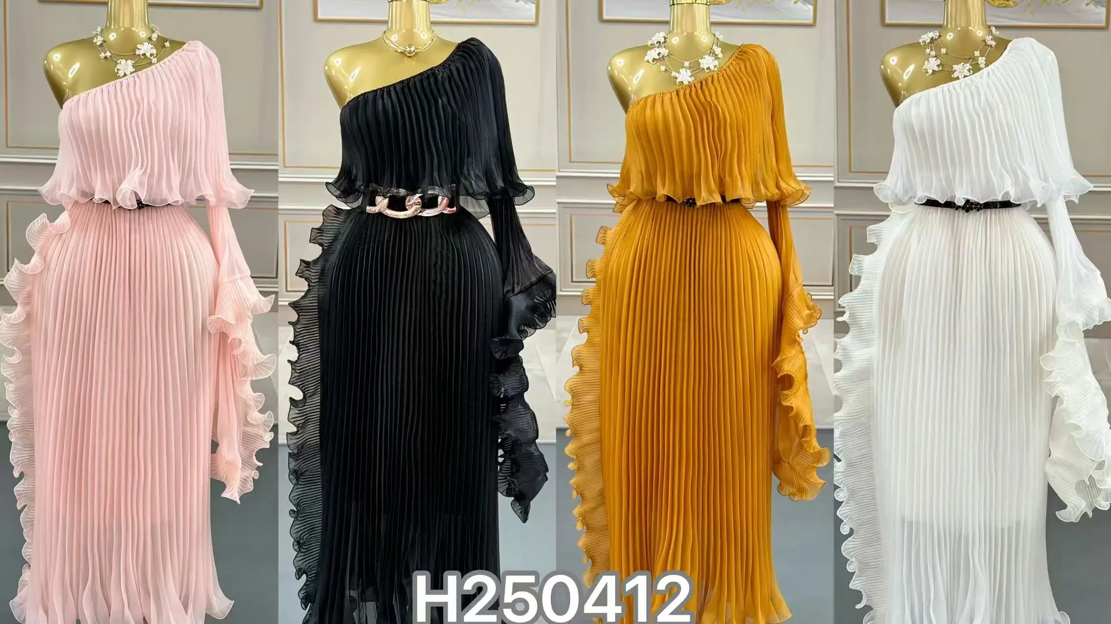 Miyake Fashion Design Dress Slanted Shoulder Solid Color Loose Women's Clothing Medium Length Elegant Dresses 2025 Summer New
