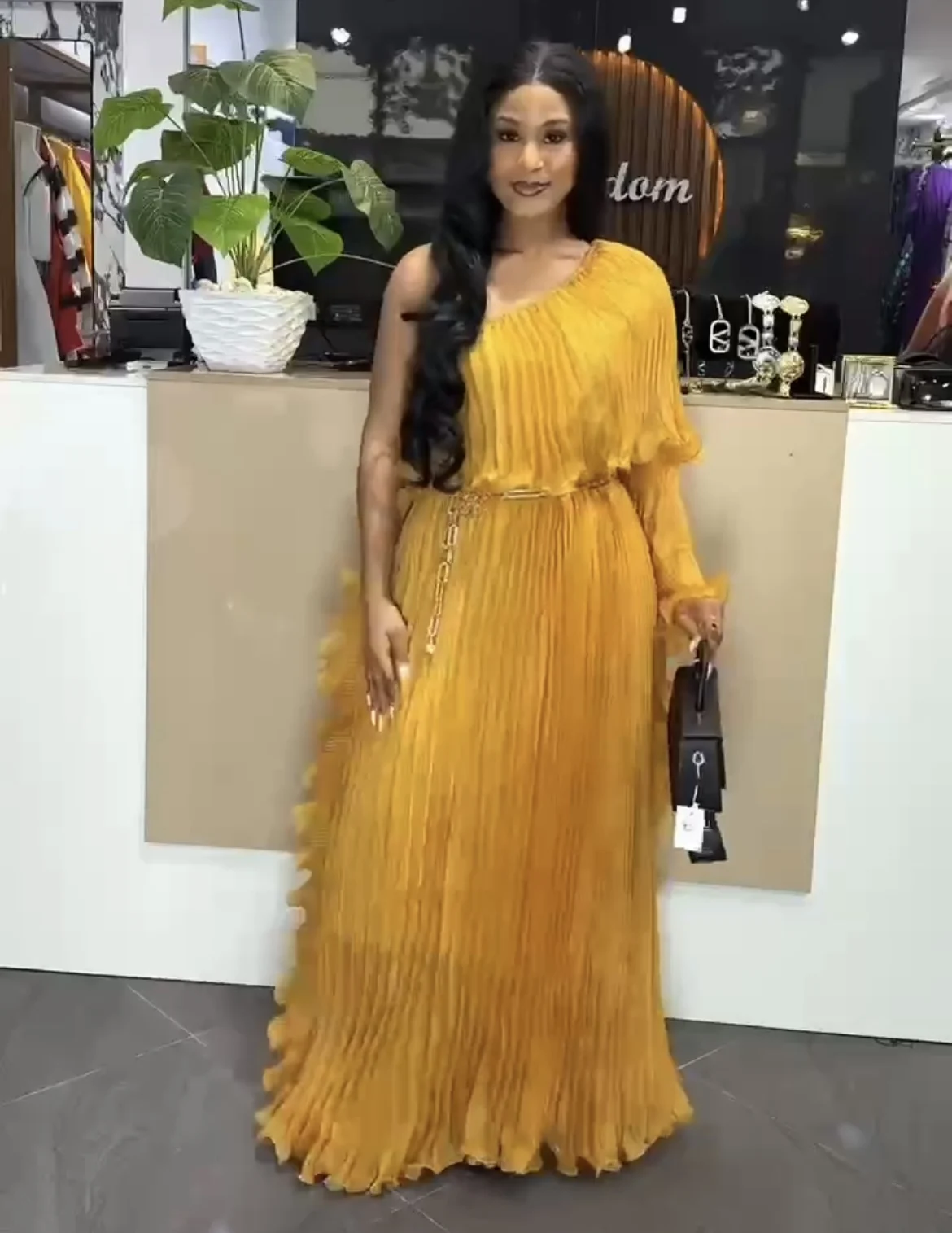 Miyake Fashion Design Dress Slanted Shoulder Solid Color Loose Women's Clothing Medium Length Elegant Dresses 2025 Summer New
