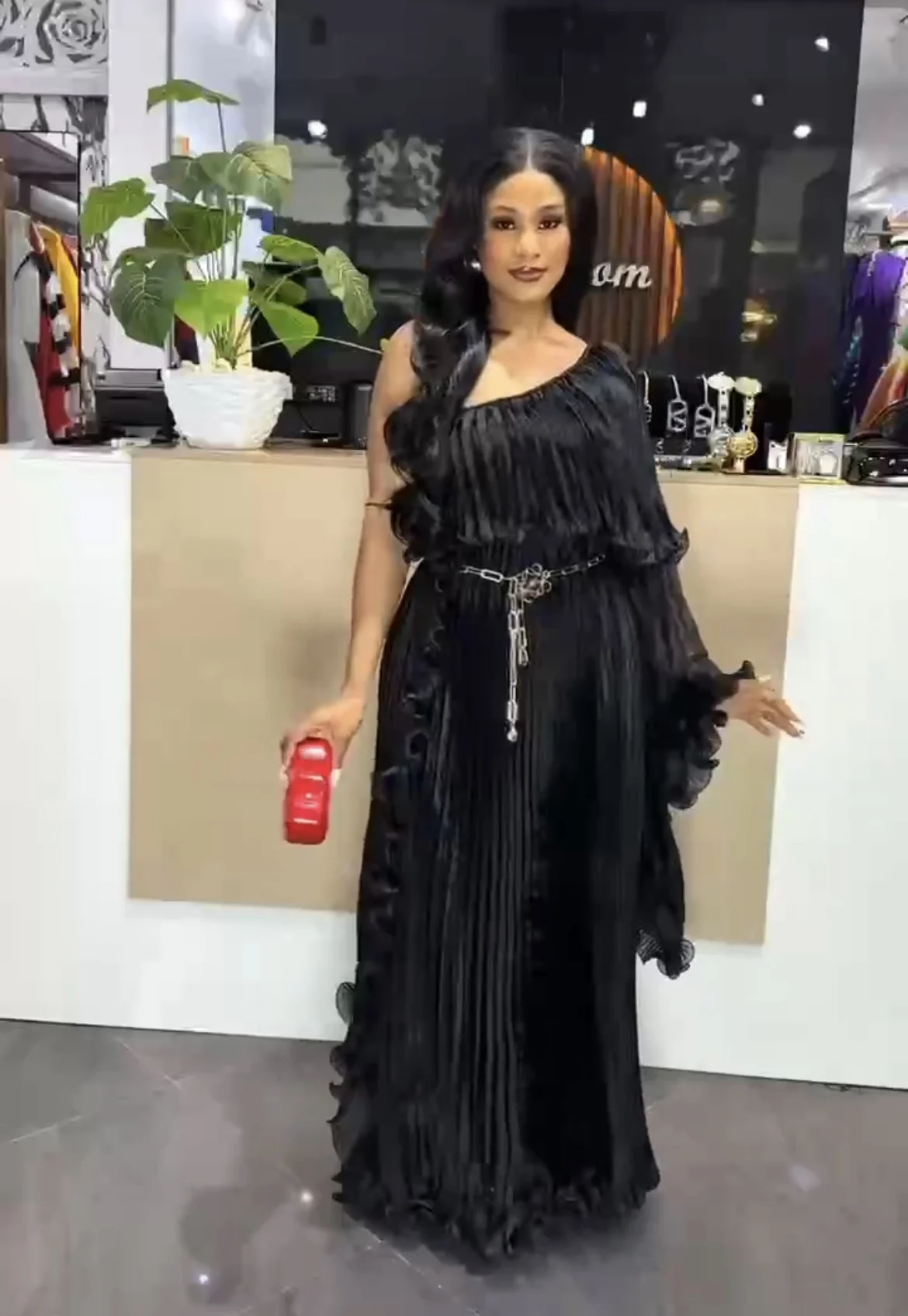 Miyake Fashion Design Dress Slanted Shoulder Solid Color Loose Women's Clothing Medium Length Elegant Dresses 2025 Summer New