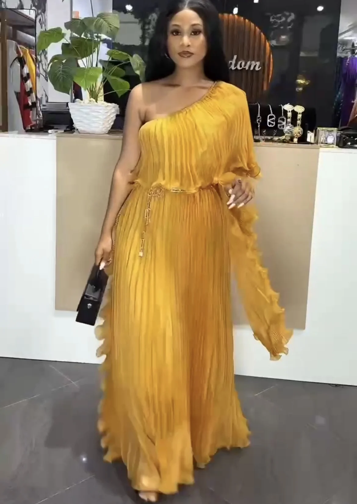 Miyake Fashion Design Dress Slanted Shoulder Solid Color Loose Women's Clothing Medium Length Elegant Dresses 2025 Summer New