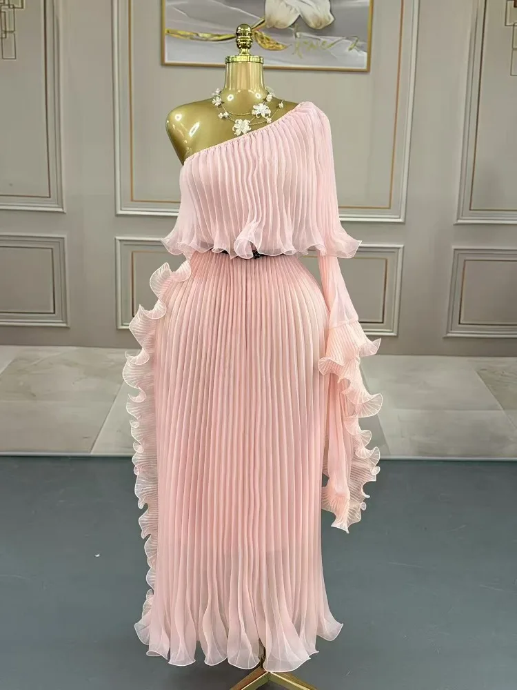 Miyake Fashion Design Dress Slanted Shoulder Solid Color Loose Women's Clothing Medium Length Elegant Dresses 2025 Summer New