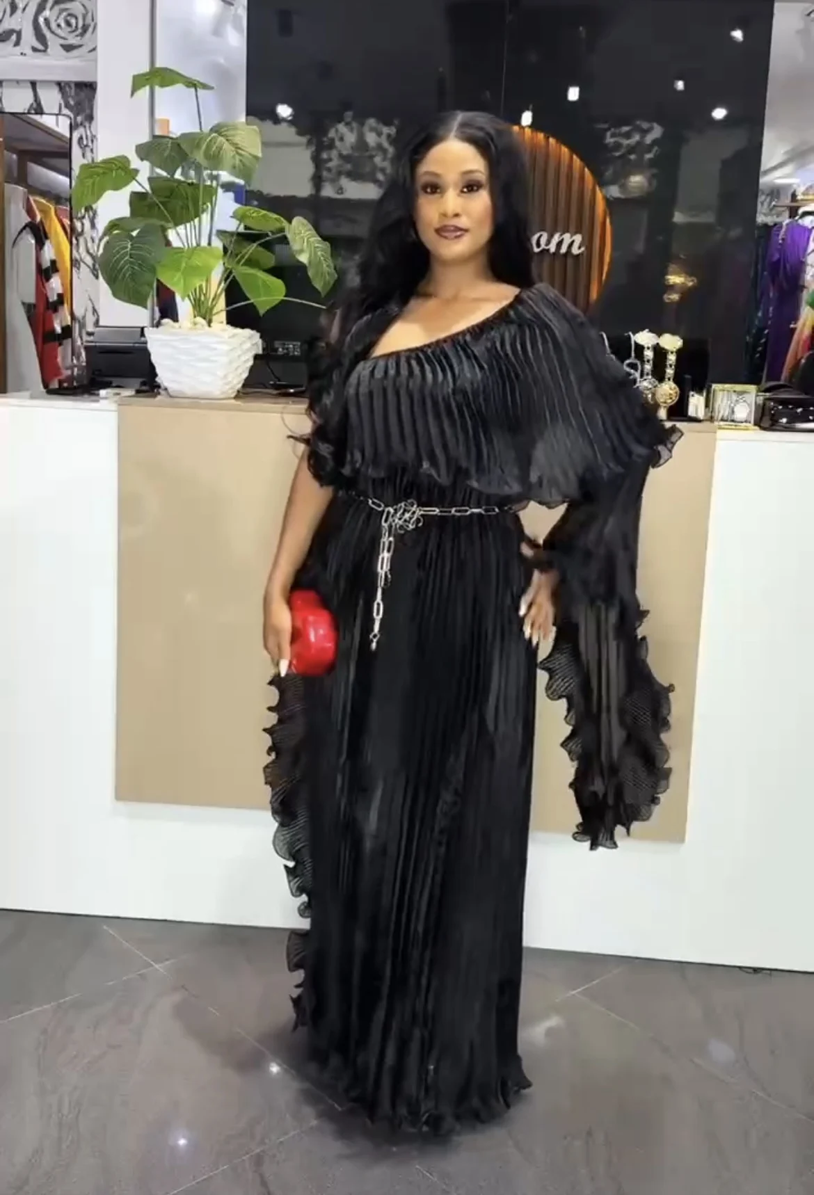 Miyake Fashion Design Dress Slanted Shoulder Solid Color Loose Women's Clothing Medium Length Elegant Dresses 2025 Summer New