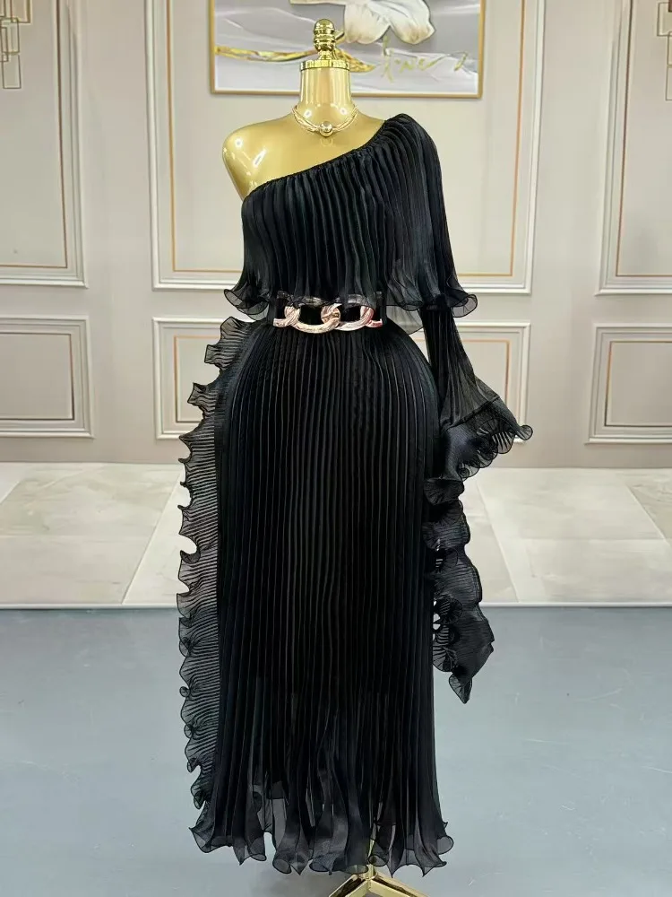 Miyake Fashion Design Dress Slanted Shoulder Solid Color Loose Women's Clothing Medium Length Elegant Dresses 2025 Summer New