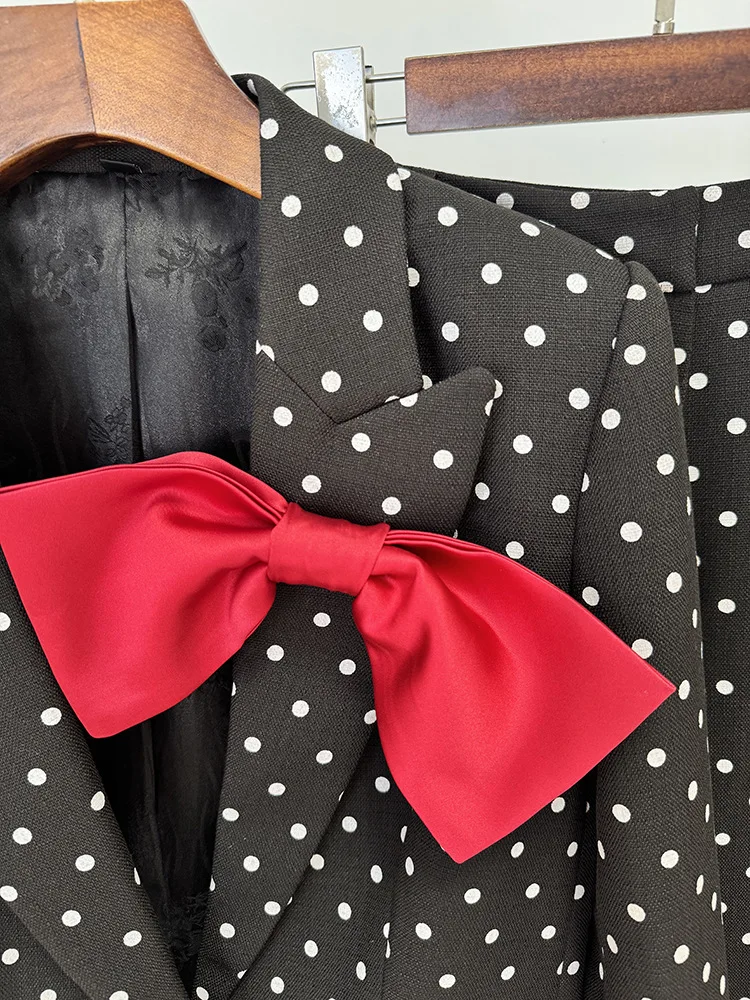 HIGH STREET Newest 2026 Designer Suit Women Bow Decorated Polka Dot Blazer Pants Set 2PCS