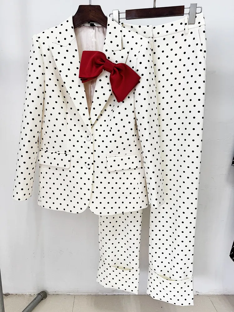 HIGH STREET Newest 2026 Designer Suit Women Bow Decorated Polka Dot Blazer Pants Set 2PCS