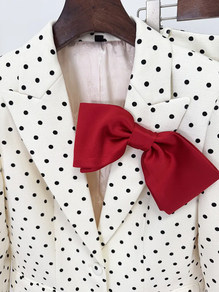HIGH STREET Newest 2026 Designer Suit Women Bow Decorated Polka Dot Blazer Pants Set 2PCS