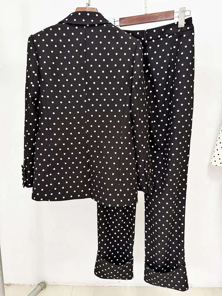 HIGH STREET Newest 2026 Designer Suit Women Bow Decorated Polka Dot Blazer Pants Set 2PCS
