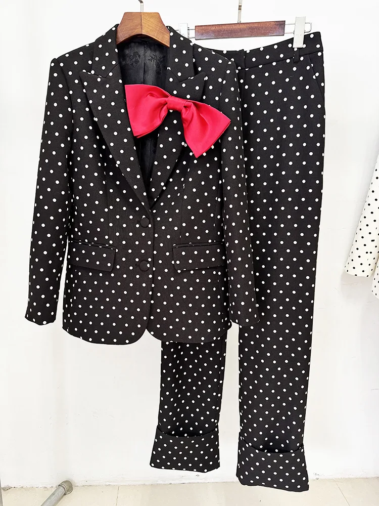 HIGH STREET Newest 2026 Designer Suit Women Bow Decorated Polka Dot Blazer Pants Set 2PCS