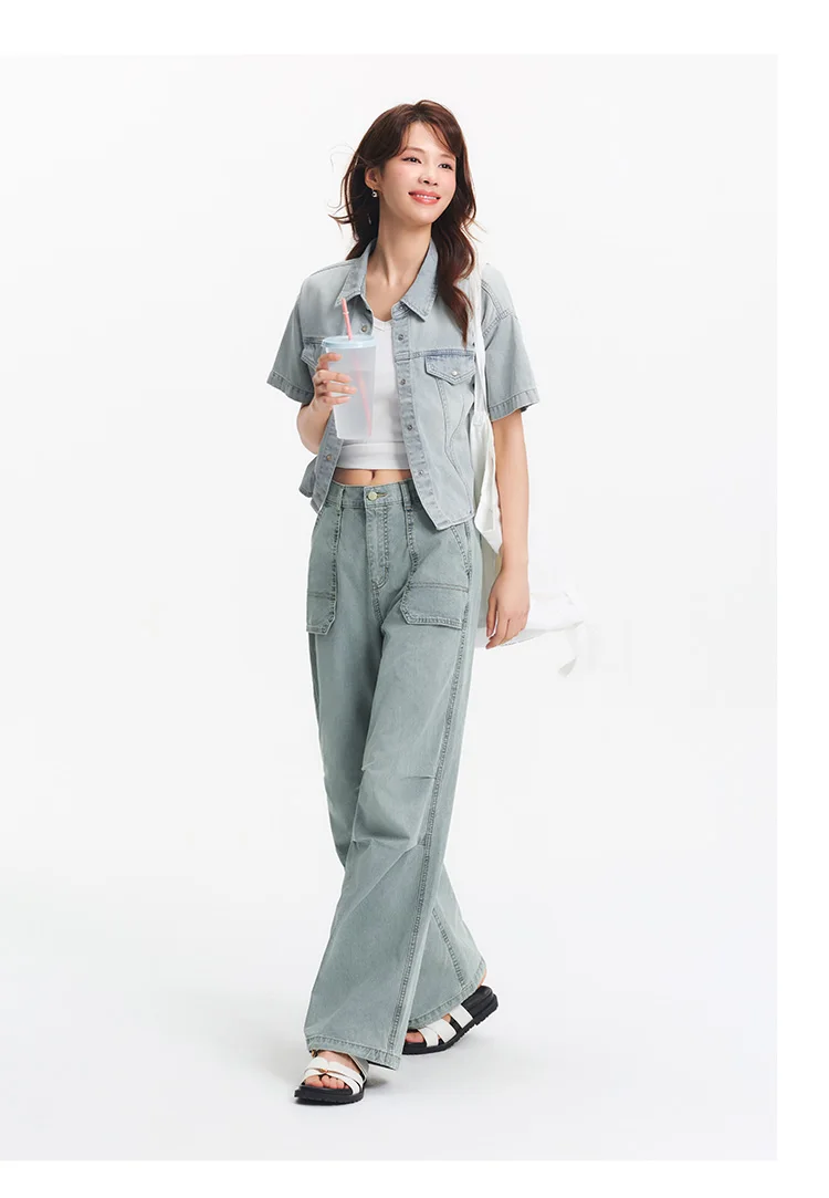 Semir Women Pants Denim Drawstring Cool Feeling Loose Workwear American Street Style Cool Wide Leg 2026 Summer Fashion Top