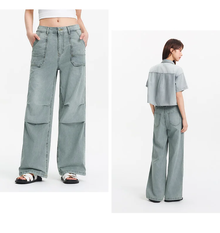Semir Women Pants Denim Drawstring Cool Feeling Loose Workwear American Street Style Cool Wide Leg 2026 Summer Fashion Top