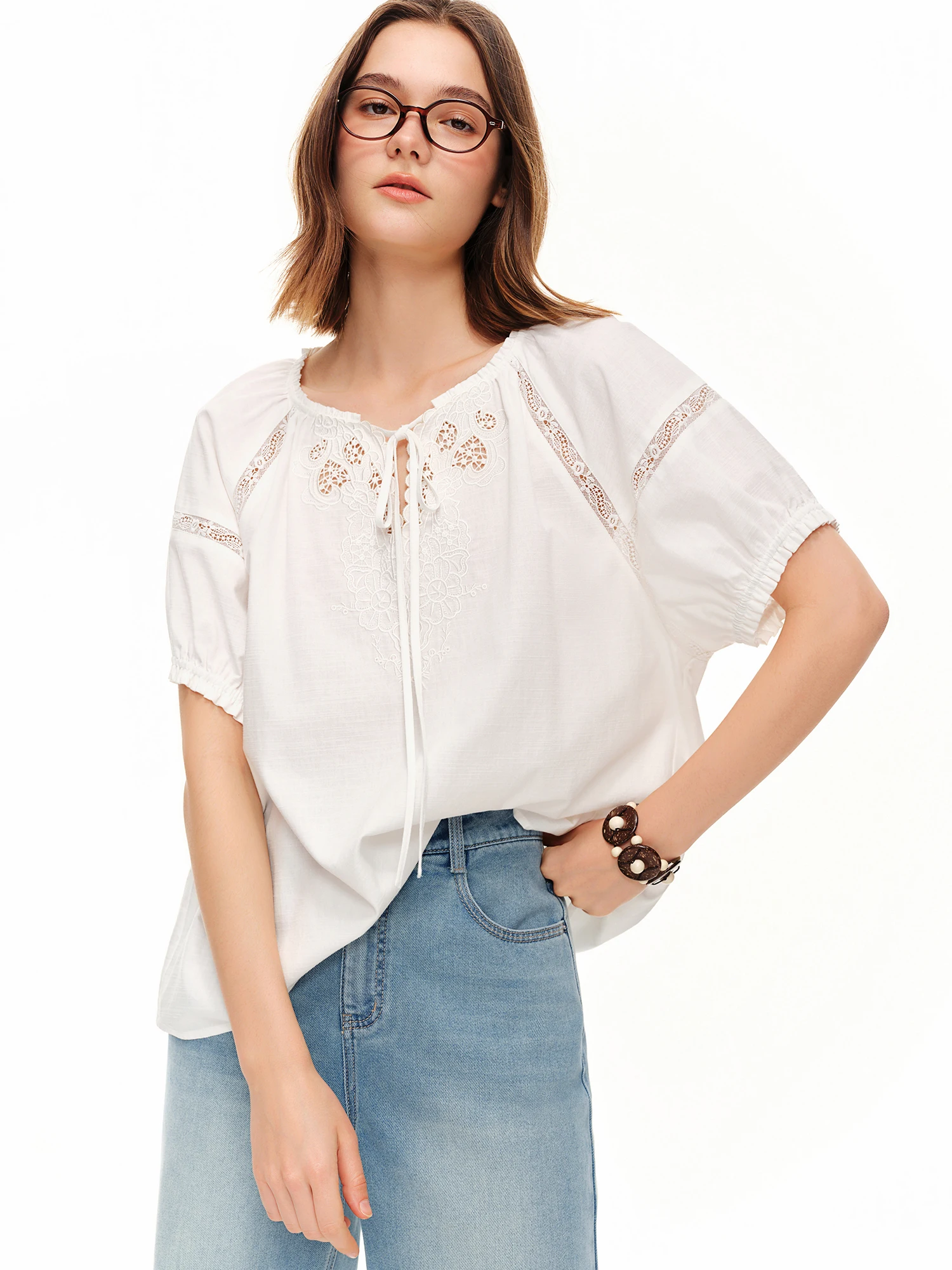 DUSHU 2026 Summer Women Embroidered Puff Sleeve Linen Cotton Blouse Relaxed Fit Button Top Office Chic Daily Essential Style