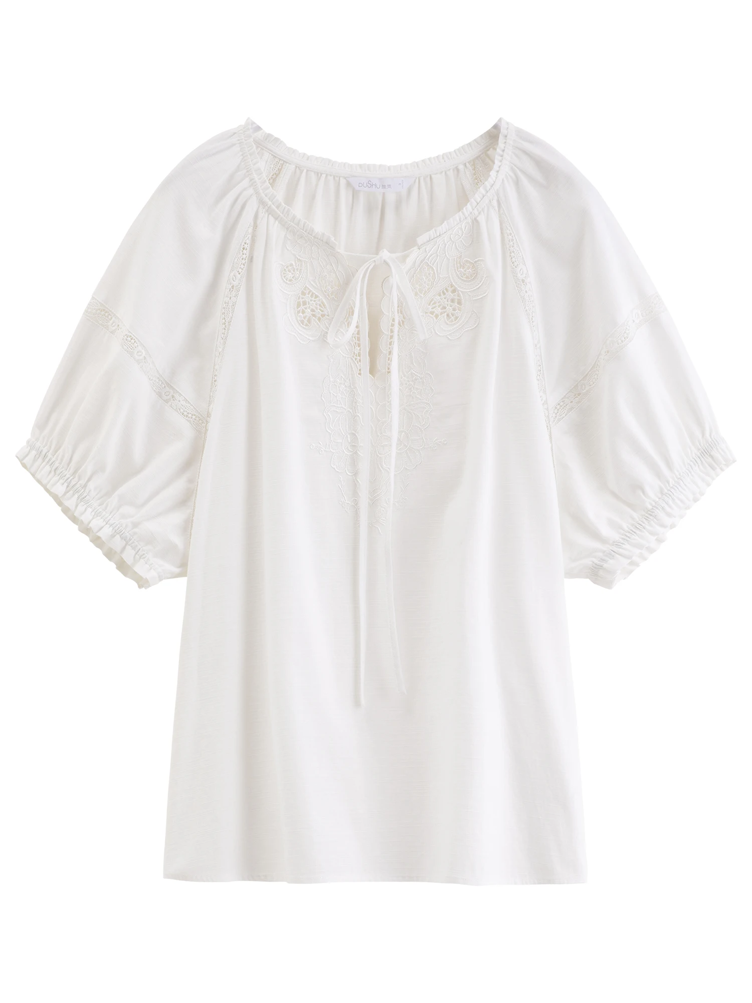 DUSHU 2026 Summer Women Embroidered Puff Sleeve Linen Cotton Blouse Relaxed Fit Button Top Office Chic Daily Essential Style
