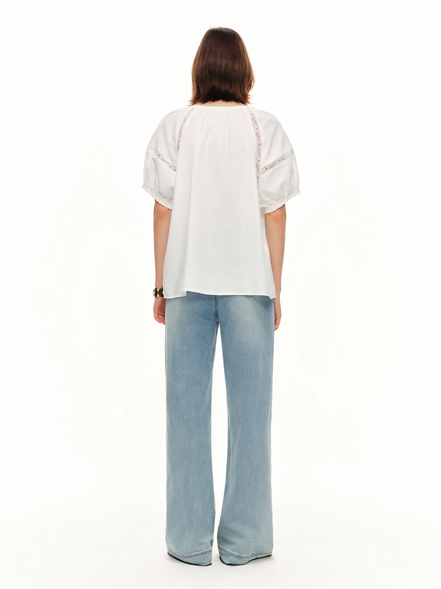 DUSHU 2026 Summer Women Embroidered Puff Sleeve Linen Cotton Blouse Relaxed Fit Button Top Office Chic Daily Essential Style