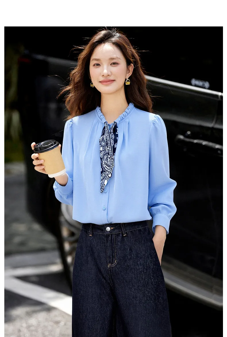 VIMLY Elegant Women's Shirts 2026 Retro Linen Blend Lace Up Crew Neck Blouse Puff Sleeve Autumn New Women's Clothing A3005