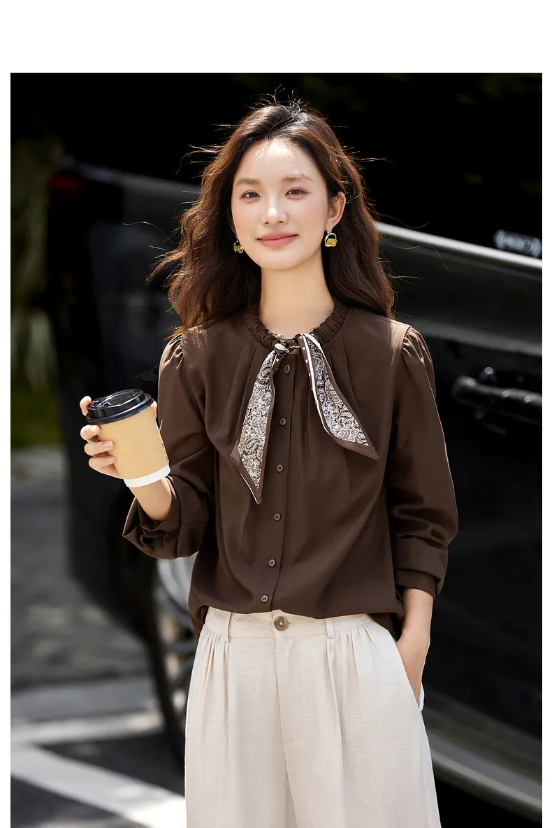 VIMLY Elegant Women's Shirts 2026 Retro Linen Blend Lace Up Crew Neck Blouse Puff Sleeve Autumn New Women's Clothing A3005