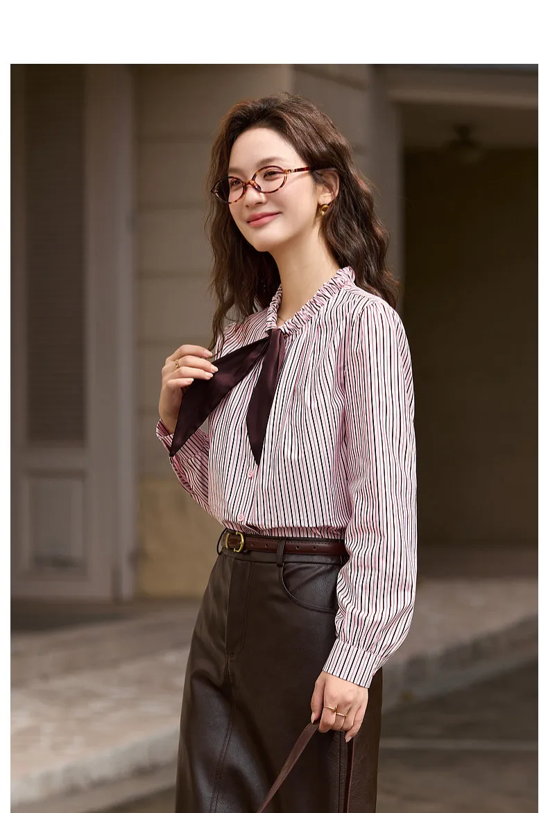 VIMLY Elegant Women's Shirts 2026 Retro Linen Blend Lace Up Crew Neck Blouse Puff Sleeve Autumn New Women's Clothing A3005
