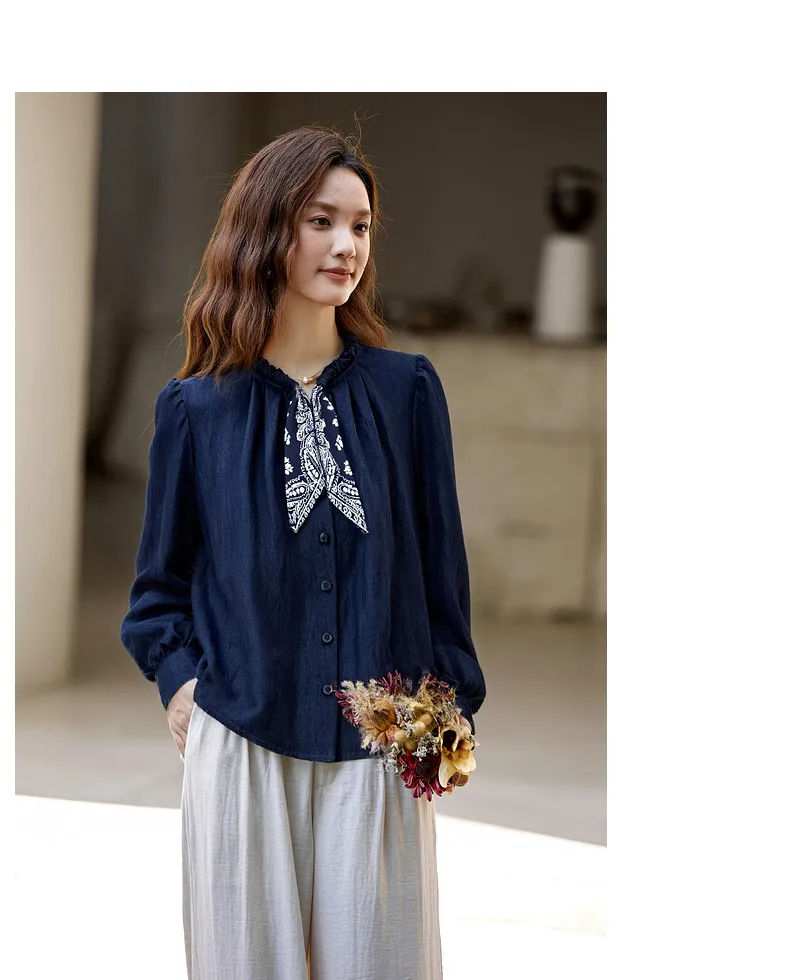 VIMLY Elegant Women's Shirts 2026 Retro Linen Blend Lace Up Crew Neck Blouse Puff Sleeve Autumn New Women's Clothing A3005