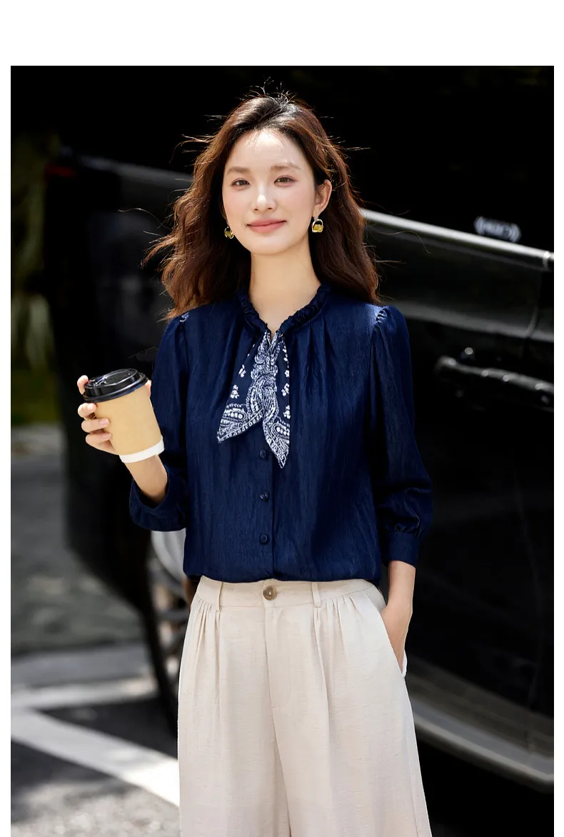VIMLY Elegant Women's Shirts 2026 Retro Linen Blend Lace Up Crew Neck Blouse Puff Sleeve Autumn New Women's Clothing A3005