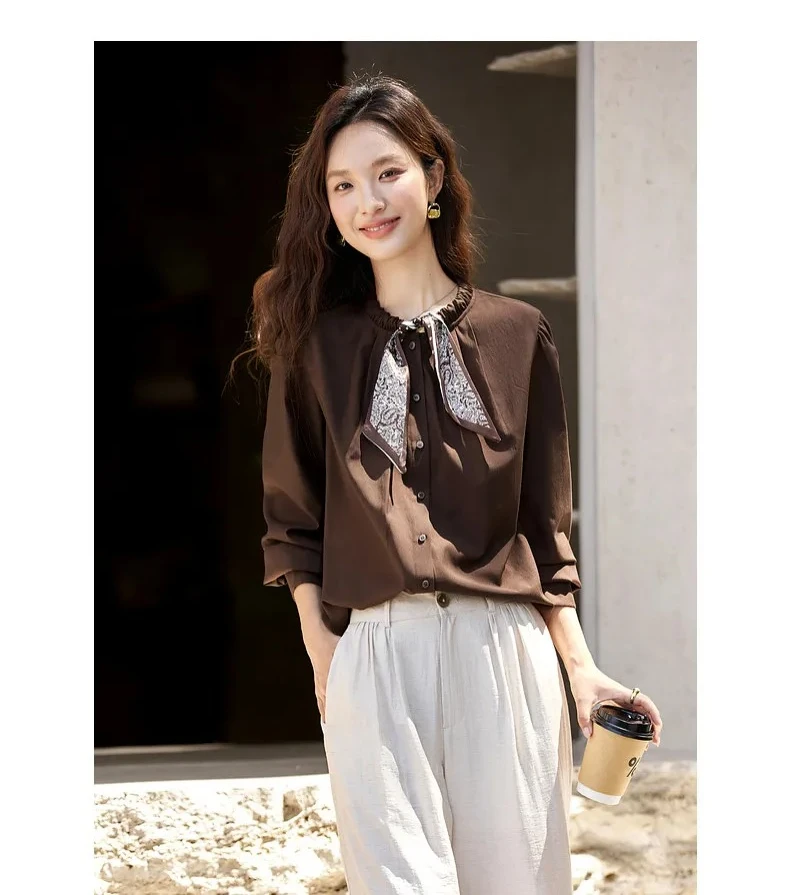 VIMLY Elegant Women's Shirts 2026 Retro Linen Blend Lace Up Crew Neck Blouse Puff Sleeve Autumn New Women's Clothing A3005