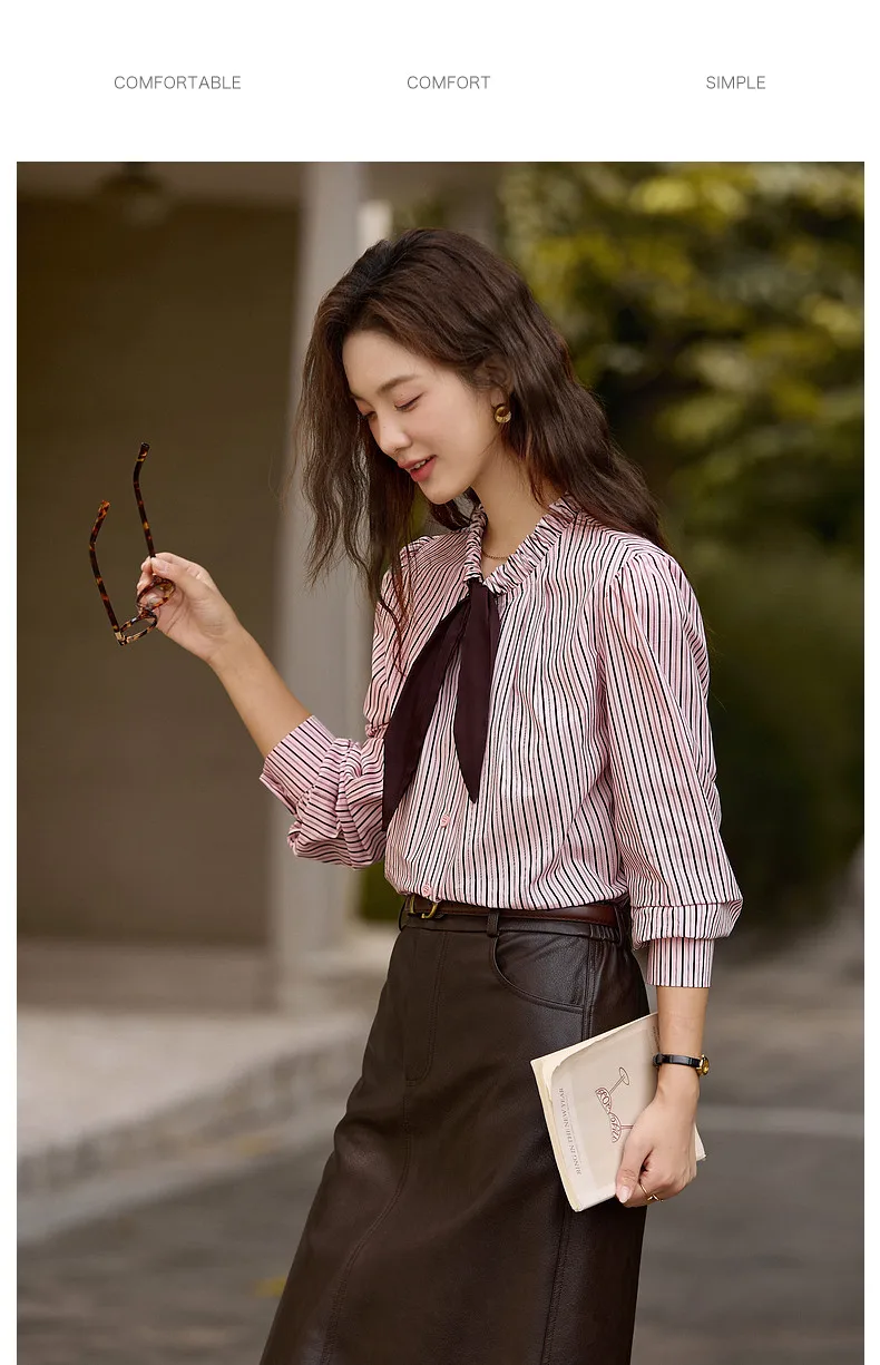 VIMLY Elegant Women's Shirts 2026 Retro Linen Blend Lace Up Crew Neck Blouse Puff Sleeve Autumn New Women's Clothing A3005
