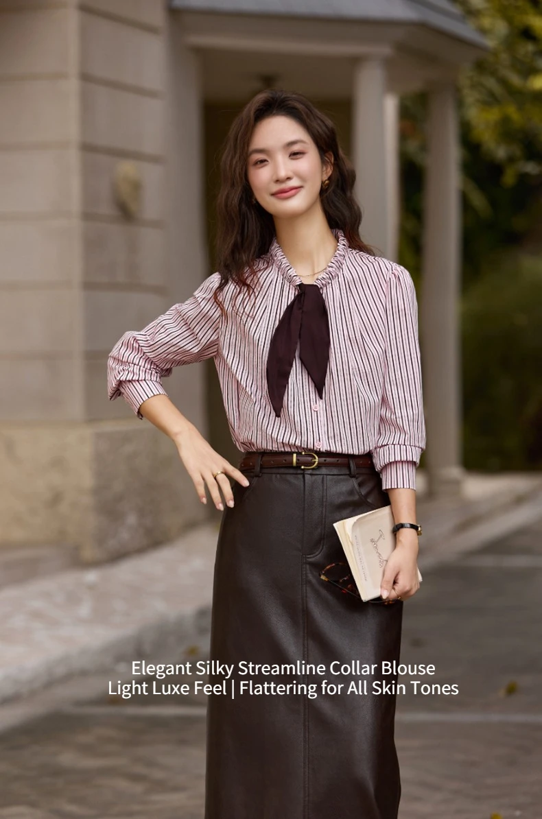 VIMLY Elegant Women's Shirts 2026 Retro Linen Blend Lace Up Crew Neck Blouse Puff Sleeve Autumn New Women's Clothing A3005