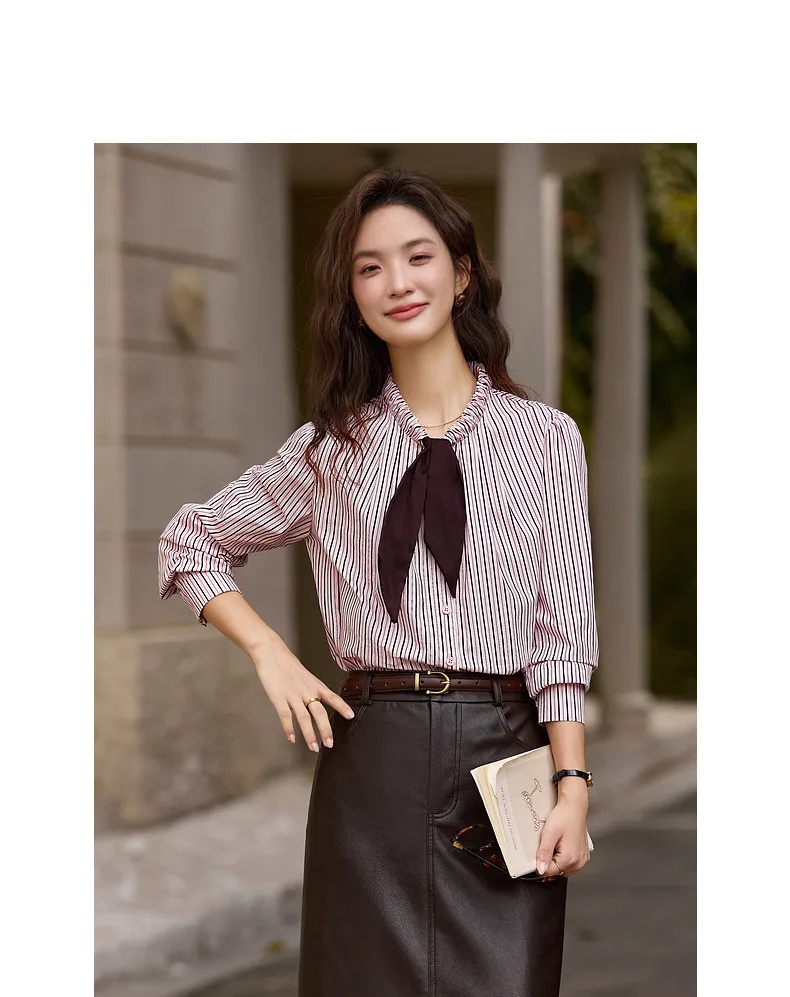 VIMLY Elegant Women's Shirts 2026 Retro Linen Blend Lace Up Crew Neck Blouse Puff Sleeve Autumn New Women's Clothing A3005