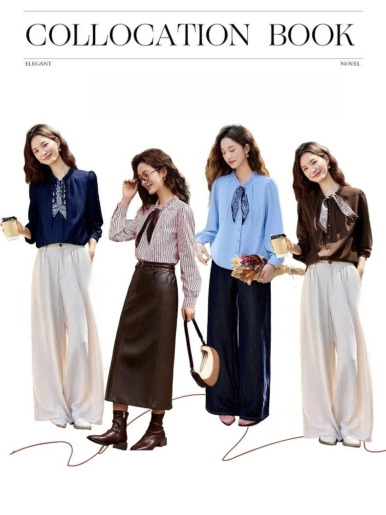 VIMLY Elegant Women's Shirts 2026 Retro Linen Blend Lace Up Crew Neck Blouse Puff Sleeve Autumn New Women's Clothing A3005