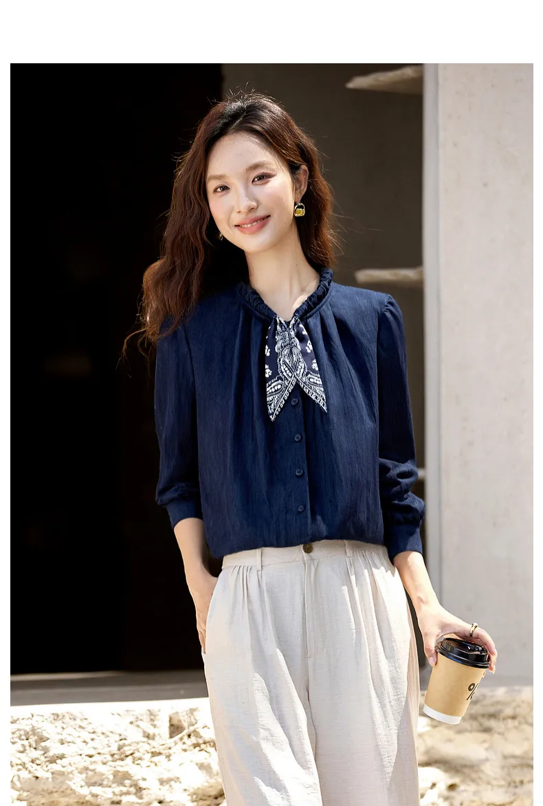 VIMLY Elegant Women's Shirts 2026 Retro Linen Blend Lace Up Crew Neck Blouse Puff Sleeve Autumn New Women's Clothing A3005