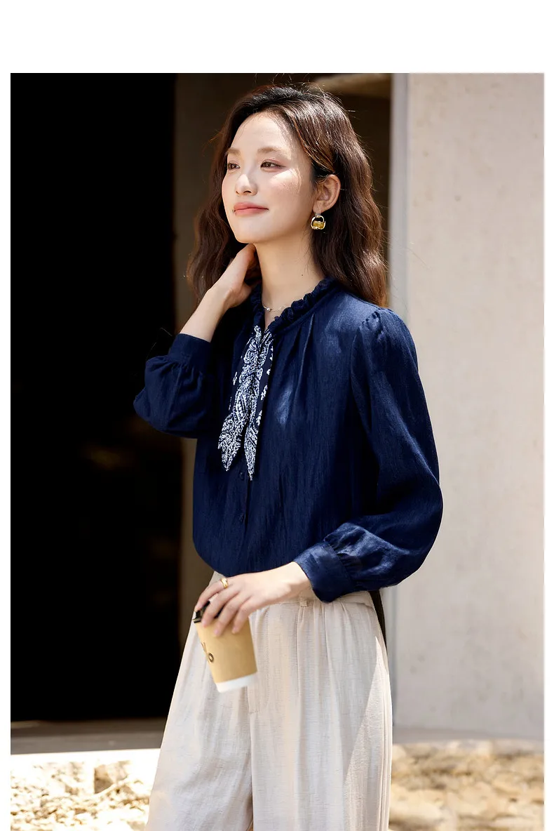 VIMLY Elegant Women's Shirts 2026 Retro Linen Blend Lace Up Crew Neck Blouse Puff Sleeve Autumn New Women's Clothing A3005